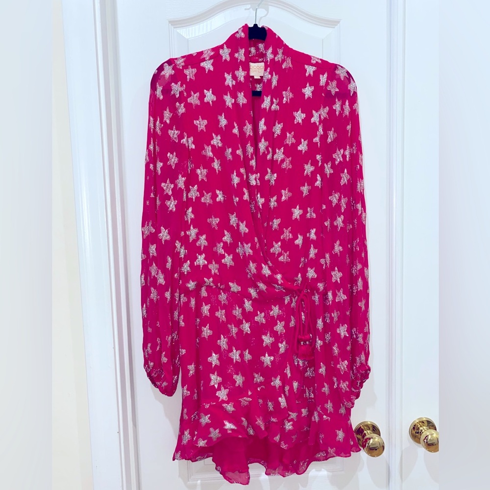 Rococo Sand Vega Star Mini Dress - pink with silver stars, size small